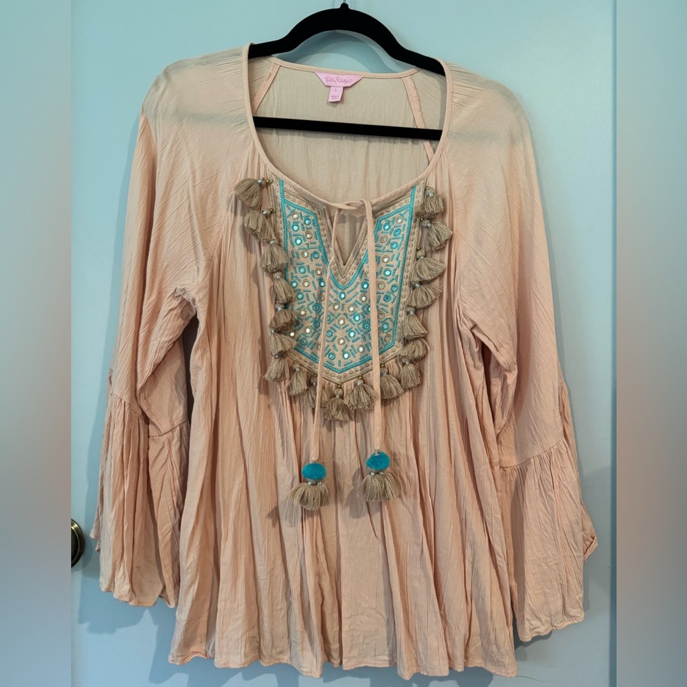 NWOT Lilly Pulitzer boho style top with tassel & embroidery detail Sz L